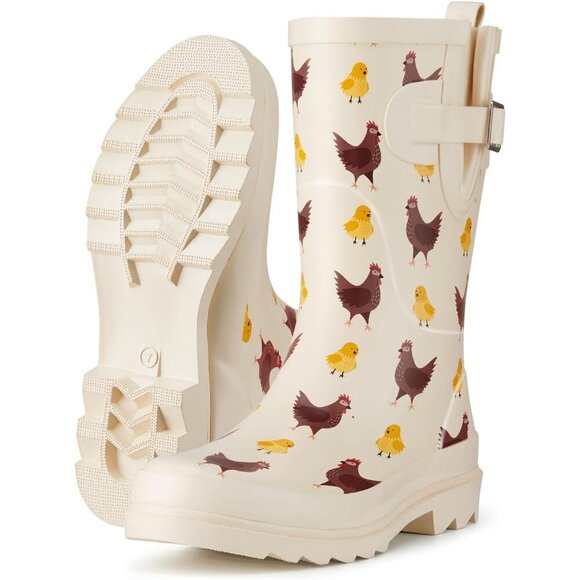Women's Cream Chicken Fashionable Waterproof Garden Mud Rubber Rain Boots - Picture 8 of 8